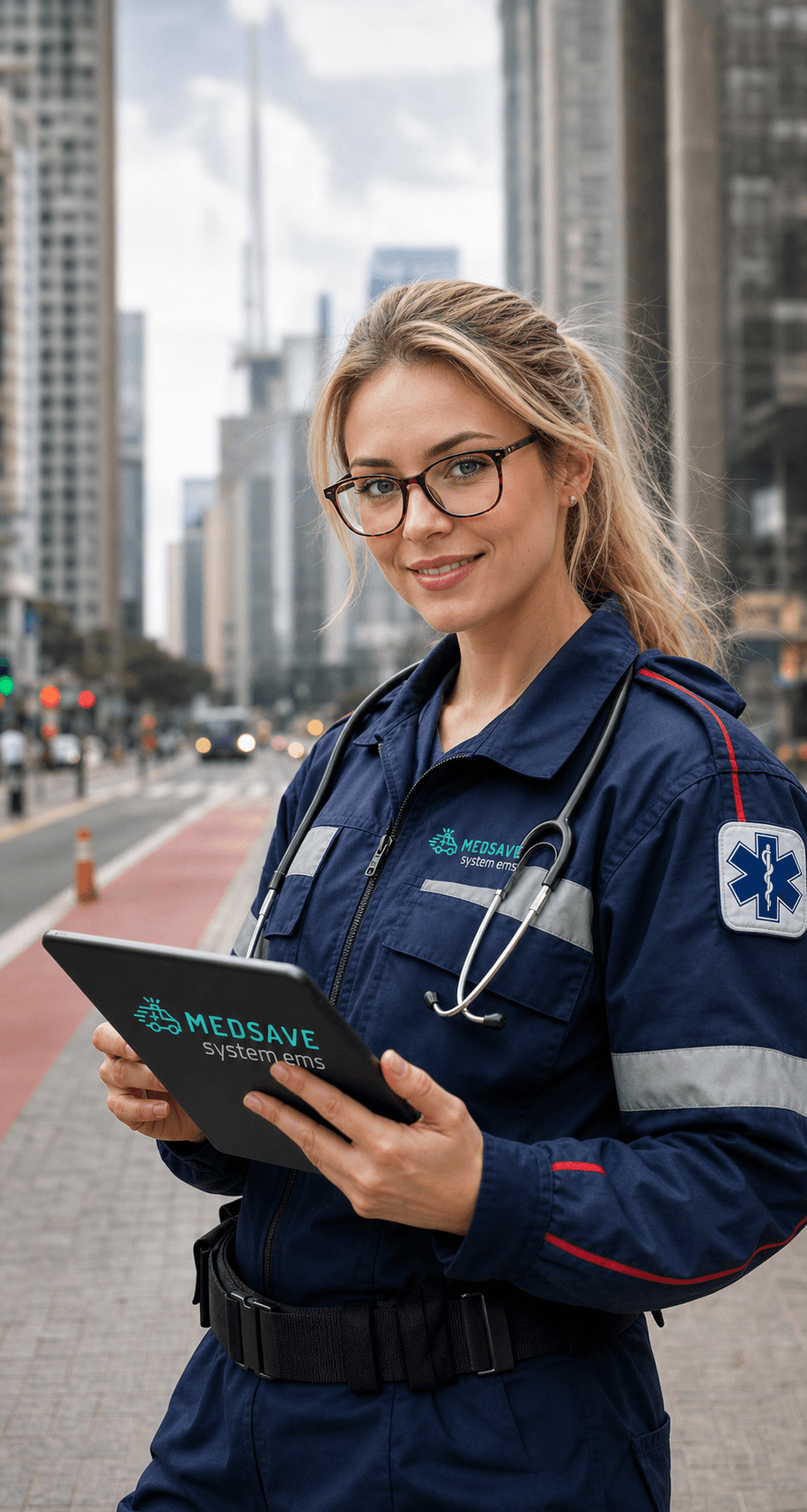 Socorrista paramédica usando tablet em uma operação de atendimento móvel
